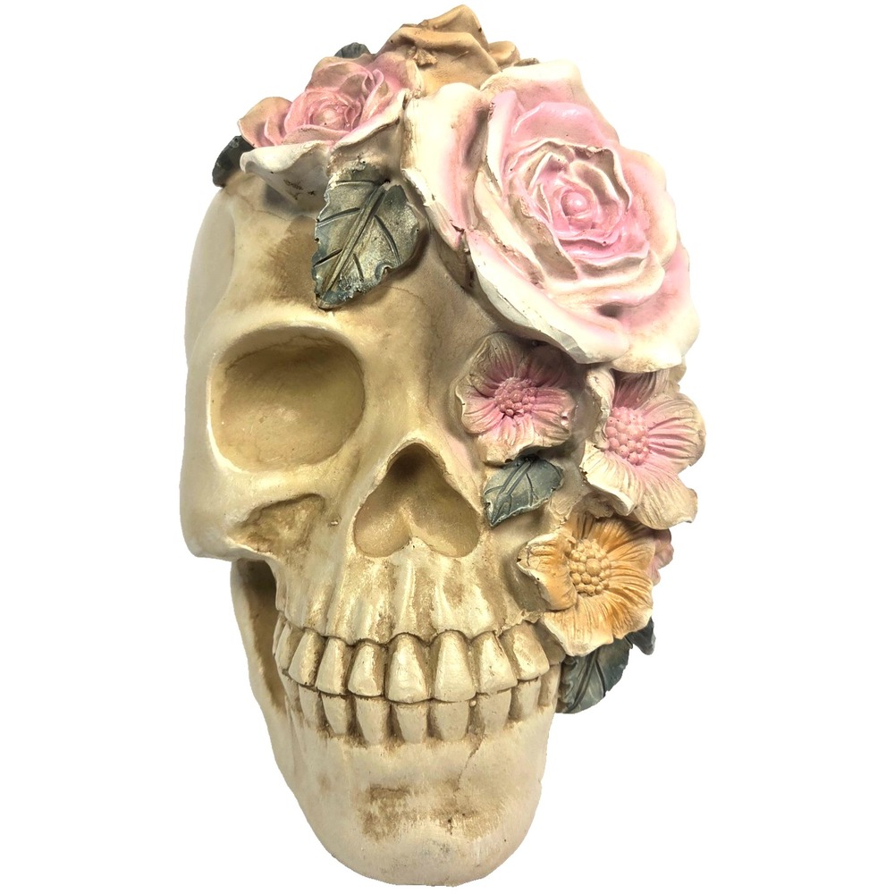 Spooky Night Floral Skull Figurine 7.5in Pink Roses Gothic Halloween Decor NEW